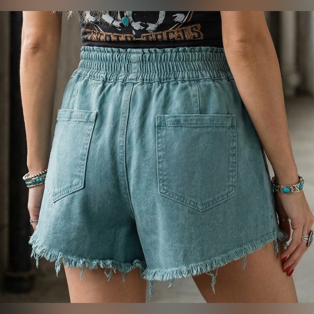 NWT Washed Teal Rope Drawstring Pocket Cutoff Shorts - Picture 9 of 9